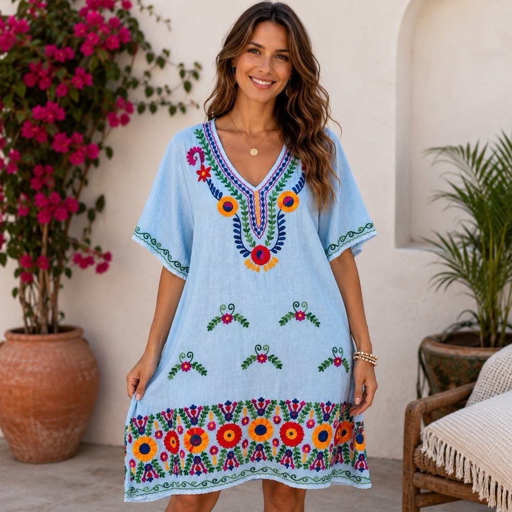 Ruby Yaya XL Light Blue Embroidered Cotton Tunic Dress Boho Floral India Read
